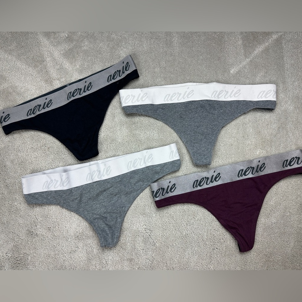 AERIE COTTON LOGO THICK BAND COMFORT THONG LOT OF 4 PANTIES *DISCONTINUED* SZ L